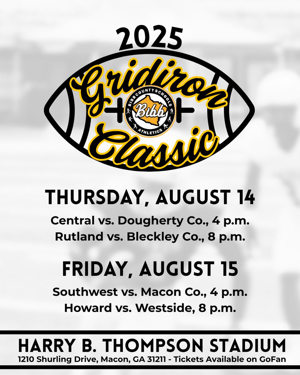 Grooms Director of Athletics, CMAA (@coachgrooms) on Twitter photo GridIron Classic will be held in Macon, Ga. this year at Thompson Stadium. Pre-ticket sales have already begun. Make sure you come out and support!!! <a href="/BibbAthletics/">Bibb Athletics</a> <a href="/BibbSchools/">Bibb County Schools</a> <a href="/sportsguymarv/">Marvin L James II</a> <a href="/BallSoHardFam1/">BallSoHardFam</a> <a href="/CPMGServices/">Unc from CPMG Services</a> <a href="/DierkesTV/">Justin Dierkes</a> <a href="/dan_a_sims/">Dan A. Sims</a> <a href="/CentralGaSports/">Central Georgia Sports Report</a> GridIron Classic will be held in Macon, Ga. this year at Thompson Stadium. Pre-ticket sales have already begun. Make sure you come out and support!!! <a href="/BibbAthletics/">Bibb Athletics</a> <a href="/BibbSchools/">Bibb County Schools</a> <a href="/sportsguymarv/">Marvin L James II</a> <a href="/BallSoHardFam1/">BallSoHardFam</a> <a href="/CPMGServices/">Unc from CPMG Services</a> <a href="/DierkesTV/">Justin Dierkes</a> <a href="/dan_a_sims/">Dan A. Sims</a> <a href="/CentralGaSports/">Central Georgia Sports Report</a>
