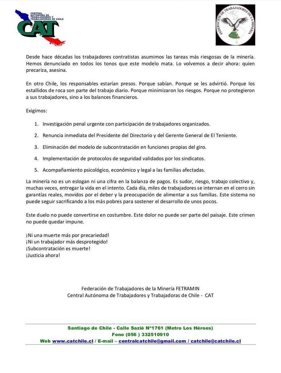 Compartimos el comunicado oficial de la CAT y FETRAMIN tras la lamentable tragedia minera ocurrida recientemente en nuestro país.

Como organización, adherimos a su mensaje de solidaridad y llamado a condiciones laborales dignas.

🕯️ #Minería #Chile #CAT #FETRAMIN