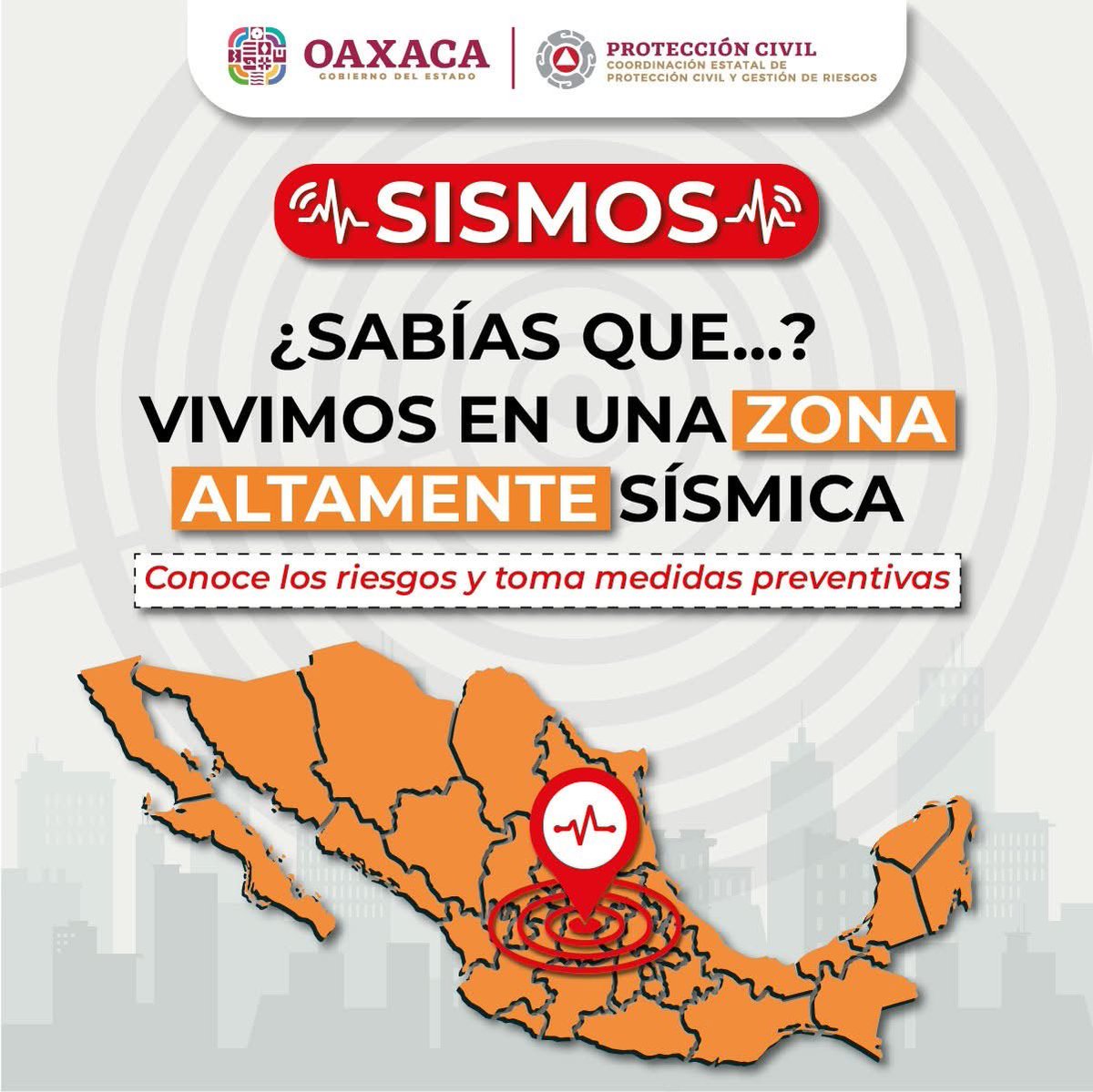 Oaxaca se encuentra en una de las zonas más sísmicas del país
¿Estás preparado ante un sismo? 

Recuerda que ¡Prevenir, salva vidas!.

🔹 Identifica zonas seguras
🔹 Participa en simulacros
🔹 Ten lista tu mochila de emergencia

Conoce los riesgos y toma medidas preventivas