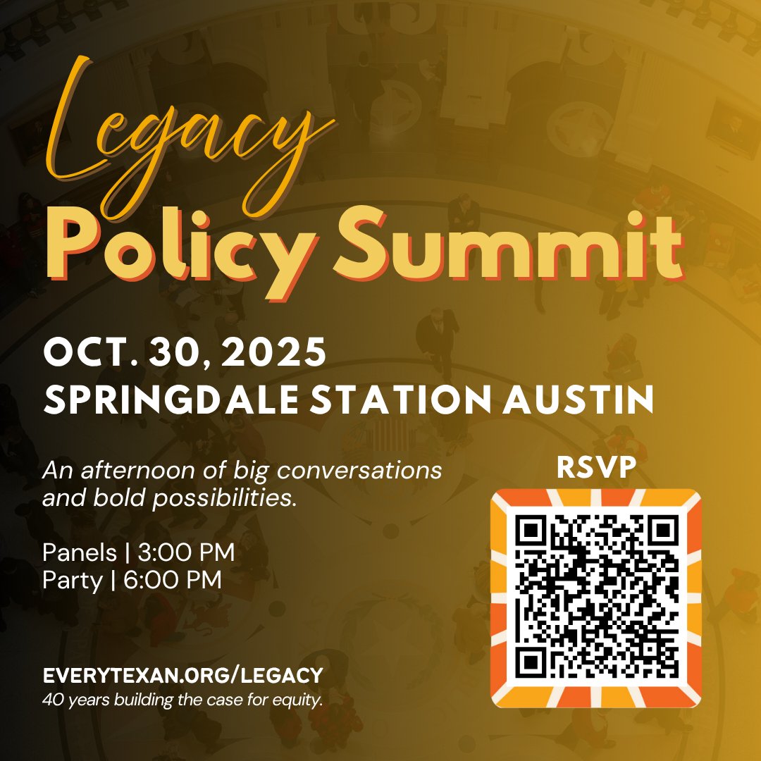 Every Texan (@everytxn) on Twitter photo Join <a href="/EveryTxn/">Every Texan</a> for our 25th annual Legacy celebration!🎉An afternoon of bold panels+policy discussion followed by a community party.
🗓 Oct 30, 3–7:30 PM
🎤 Hear from state experts & meet local advocates. Food trucks, activations, & more!
✅RSVP: everytexan.org/legacy Join <a href="/EveryTxn/">Every Texan</a> for our 25th annual Legacy celebration!🎉An afternoon of bold panels+policy discussion followed by a community party.
🗓 Oct 30, 3–7:30 PM
🎤 Hear from state experts & meet local advocates. Food trucks, activations, & more!
✅RSVP: everytexan.org/legacy