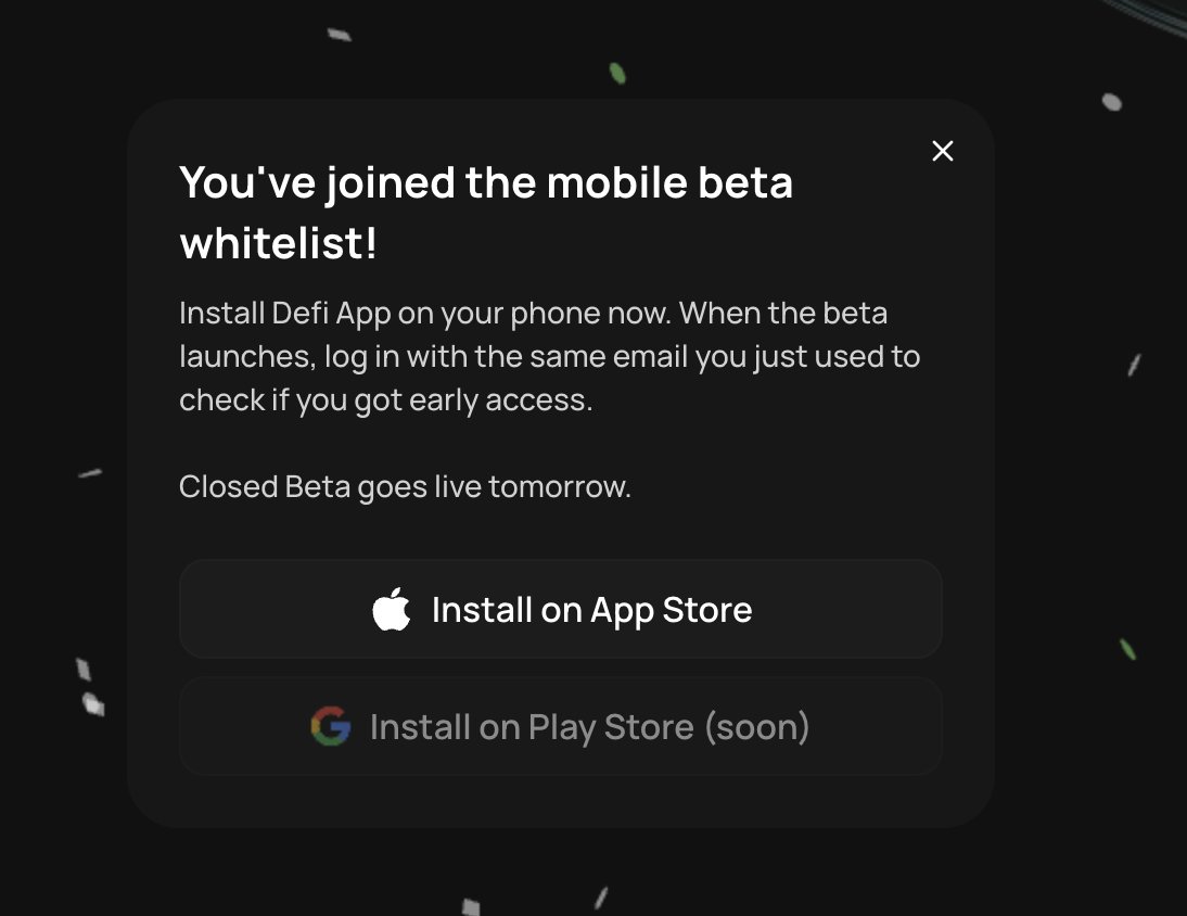 [보자마자 바로 등록] Defi.app 24시간 모바일 베타 화리
defi.app/mobile-beta
우선 24시간 동안만 받는다네요 <a href="/defidotapp/">Defi App 🎩</a> 
Perps. Gasless cross-chain trading
Everything DeFi in your pocket
Mobile Beta 일단 신청하고, 그걸 야핑 재료로 삼으면 딱! 
<a href="/0xUxDesign/">Dan Greer 🎩</a> 모바일로