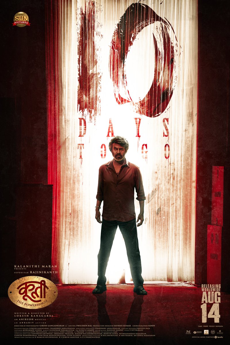 sunpictures's tweet photo. Imaya malai pola mass-dhan😎 
Countdown begins! 10 Days to go for #Coolie

#Coolie releasing worldwide August 14th 

@rajinikanth @Dir_Lokesh @anirudhofficial #AamirKhan @iamnagarjuna @nimmaupendra #SathyaRaj #SoubinShahir @shrutihaasan @hegdepooja @anbariv @girishganges @philoedit @ArtSathees @iamSandy_Off @Dir_Chandhru @PraveenRaja_Off @RIAZtheboss
#CoolieFromAug14 #CoolieThePowerHouseFromAug14