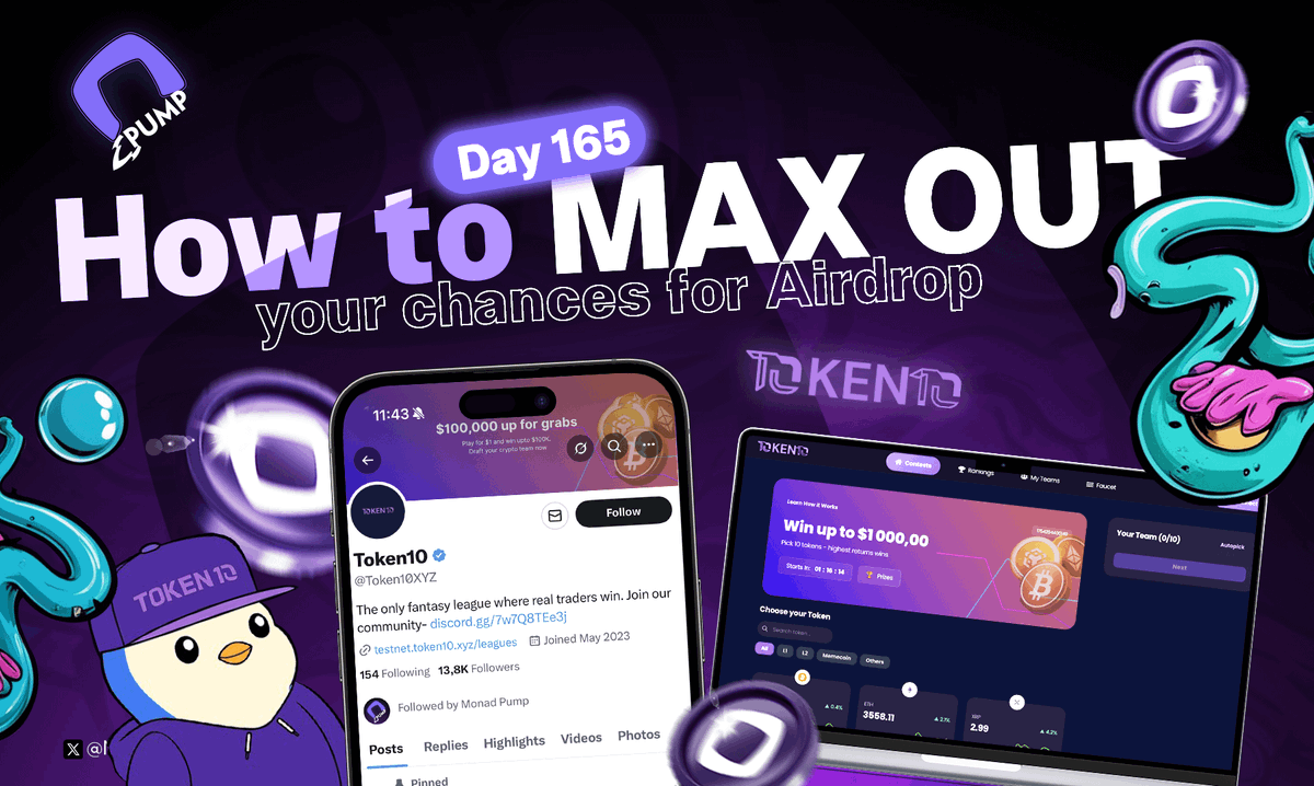 💥 Testnet Day 165
$3000 prize campaign is live - climb the leaderboard with <a href="/Token10XYZ/">Token10</a> 👇

No bots. No sterile charts. Just $1, 10 tokens, and 6 hours of pure adrenaline.
Pick your squad. Ride the market. Climb. Earn.

🎮 How to join:
1️⃣ Fill this → app.deform.cc/form/85e66b6f-…
2️⃣