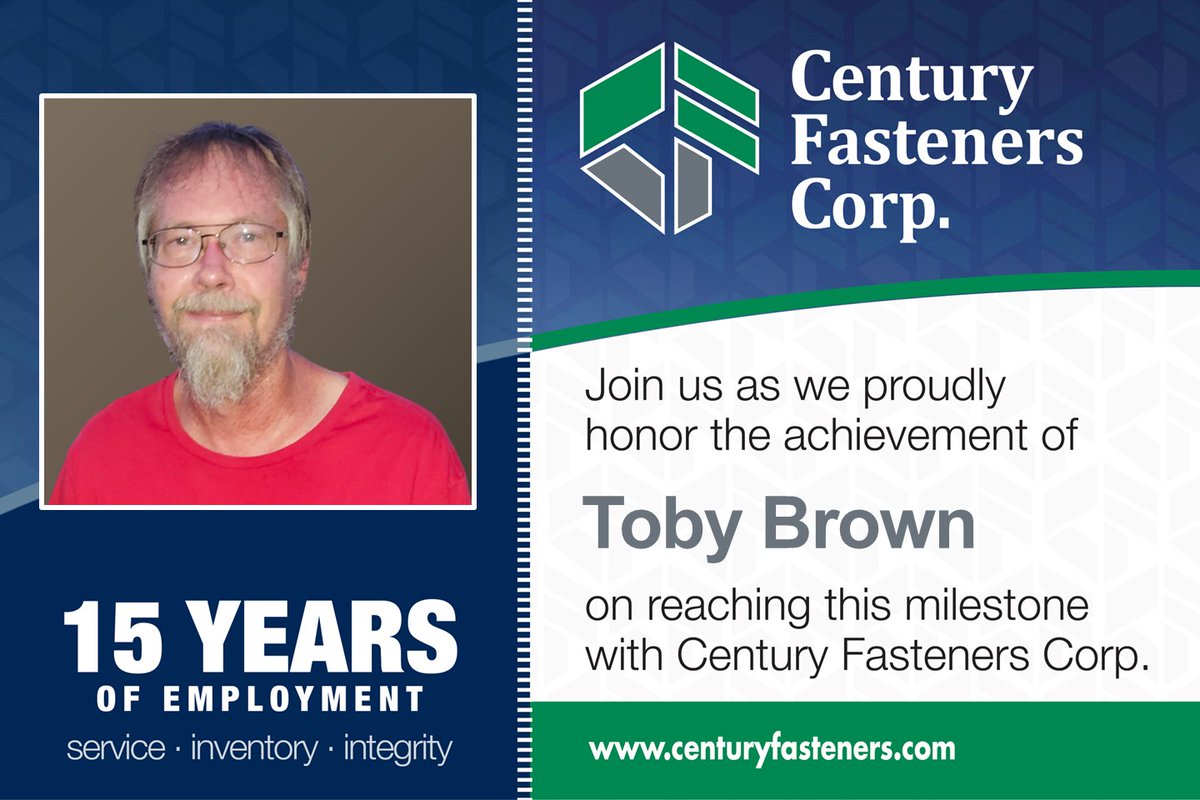 Join us as we proudly honor the achievement of Toby Brown on reaching this milestone with Century Fasteners Corp.

centuryfasteners.com/company-info/e…

#CenturyFasteners