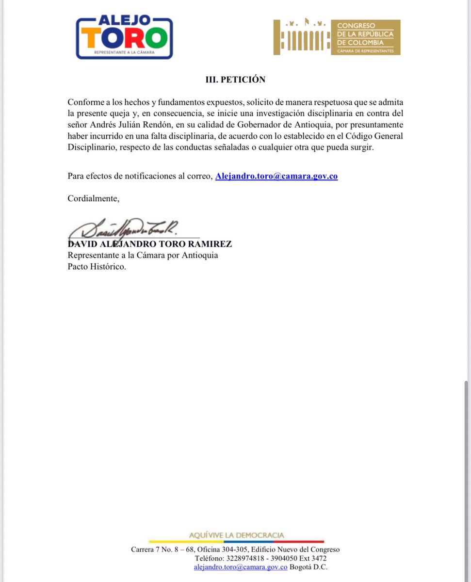 Alejo Toro (@alejotoroant) on Twitter photo Hoy presenté queja disciplinaria ante la <a href="/PGN_COL/">Procuraduría General de la Nación</a> contra el gobernador de Antioquia, Andrés Julián Rendón, por presuntamente haber utilizado su cargo para intervenir en controversias políticas, promover causas partidistas y atacar a otros servidores públicos.
Su publicación del Hoy presenté queja disciplinaria ante la <a href="/PGN_COL/">Procuraduría General de la Nación</a> contra el gobernador de Antioquia, Andrés Julián Rendón, por presuntamente haber utilizado su cargo para intervenir en controversias políticas, promover causas partidistas y atacar a otros servidores públicos.
Su publicación del