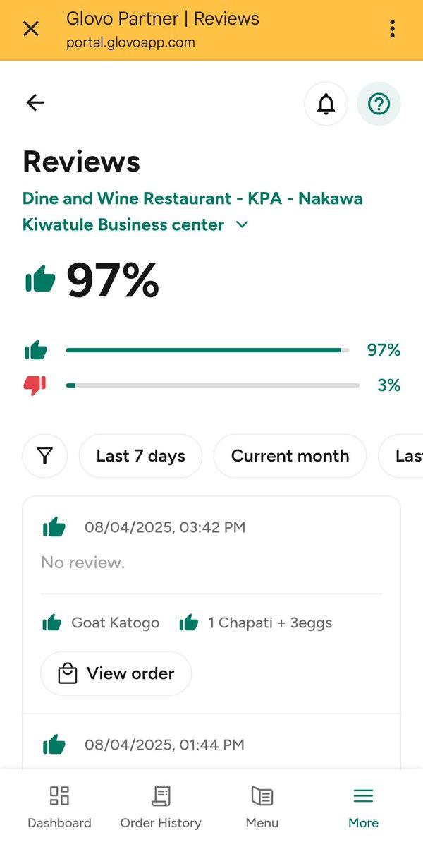 🎉 Dine &amp; Wine Kiwatule just hit 97% positive on Glovo—thank you! 🙌
Craving Goat Katogo or rolex? Order now on Glovo. 🚴‍♂️🍽️
#DineAndWineUG #GlovoPartner #KiwatuleEats