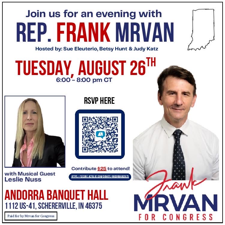 Save the Date - Support Rep. Mrvan’s re-election campaign at this upcoming event on August 26!  Details and RSVP information below: