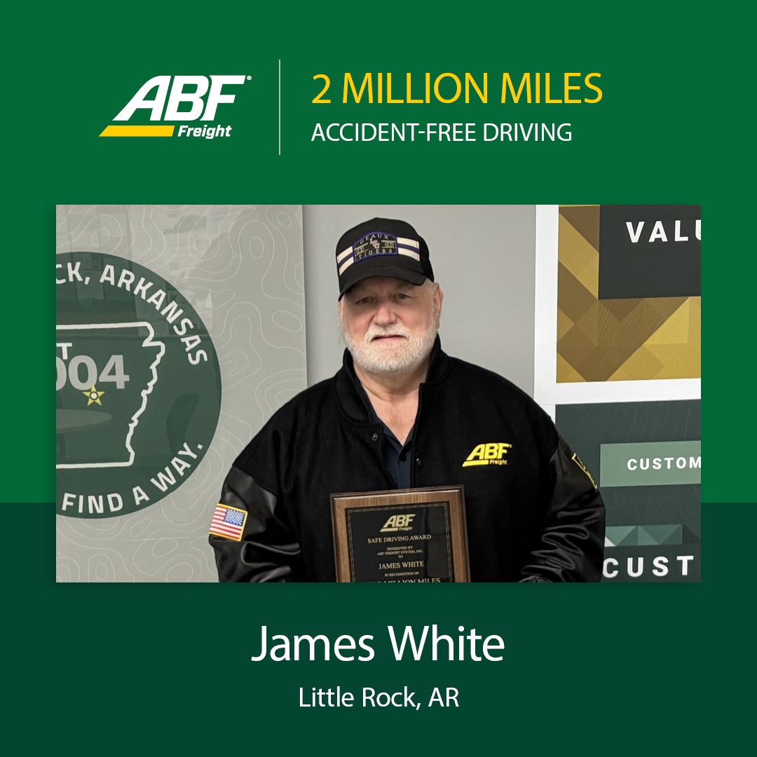 We’re proud to celebrate James White of Little Rock, AR, for reaching 1 million miles of accident-free driving with ABF Freight. Thank you for your dedication and professionalism on the road.