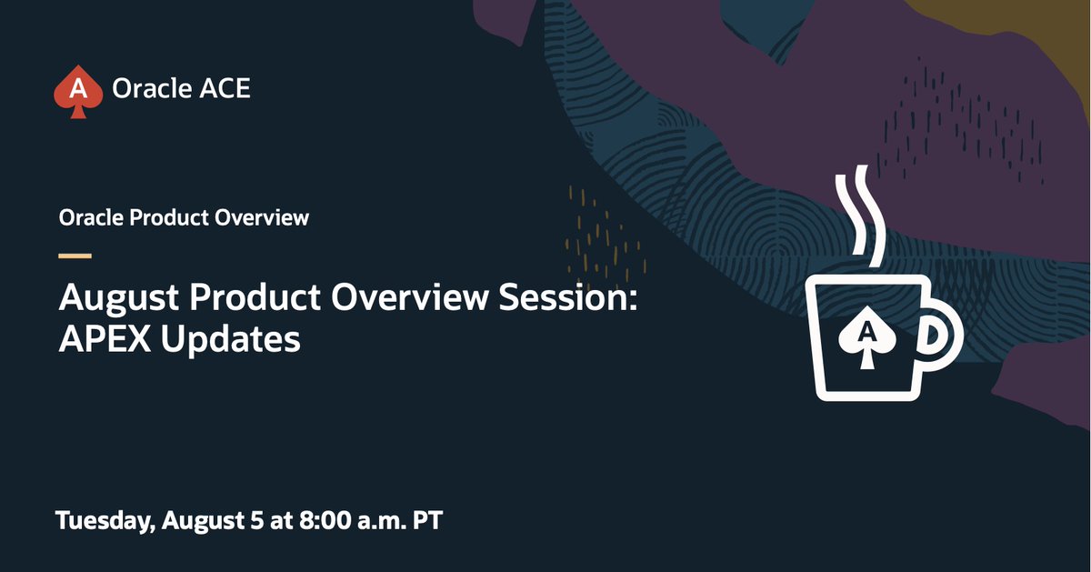 Oracle ACE Program (@oracleace) on Twitter photo Reminder for Oracle ACEs! 🚨
Join us for an exclusive Product Overview session on August 5 at 8 a.m. PT, focused on the latest APEX Updates, presented by <a href="/JaysonHanes/">Jayson Hanes #orclAPEX</a>.
Don’t miss out on important news and insights—see you there! 🤩
#OracleACE Reminder for Oracle ACEs! 🚨
Join us for an exclusive Product Overview session on August 5 at 8 a.m. PT, focused on the latest APEX Updates, presented by <a href="/JaysonHanes/">Jayson Hanes #orclAPEX</a>.
Don’t miss out on important news and insights—see you there! 🤩
#OracleACE