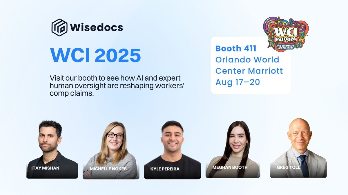 Wisedocs (@wisedocsai) on Twitter photo ๐ Catch us at #WCI2025 in Orlando!
Wisedocs is proud to sponsor this year's <a href="/wci360/">Workers' Compensation Institute</a> #WorkersComp Conference. Visit us at booth 411 to connect with our team and talk all things #AI + #HumanInTheLoop for smarter #ClaimsProcessing.
Letโs reimagine workersโ comp together โก ๐ Catch us at #WCI2025 in Orlando!
Wisedocs is proud to sponsor this year's <a href="/wci360/">Workers' Compensation Institute</a> #WorkersComp Conference. Visit us at booth 411 to connect with our team and talk all things #AI + #HumanInTheLoop for smarter #ClaimsProcessing.
Letโs reimagine workersโ comp together โก