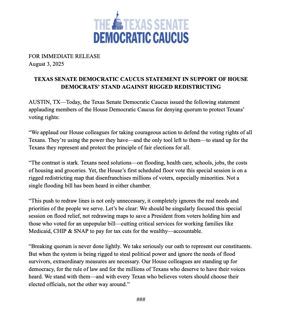 Senator Nathan Johnson (@nathanfortexas) on Twitter photo The <a href="/TexasHDC/">Texas House Democrats</a> quorum break has nothing to do with “fleeing“, as the press so consistently mischaracterizes it.
The break — an aggressive move, not a retreat — avails of the last available option, the only mechanism that offers any chance to stop the grave and possibly The <a href="/TexasHDC/">Texas House Democrats</a> quorum break has nothing to do with “fleeing“, as the press so consistently mischaracterizes it.
The break — an aggressive move, not a retreat — avails of the last available option, the only mechanism that offers any chance to stop the grave and possibly