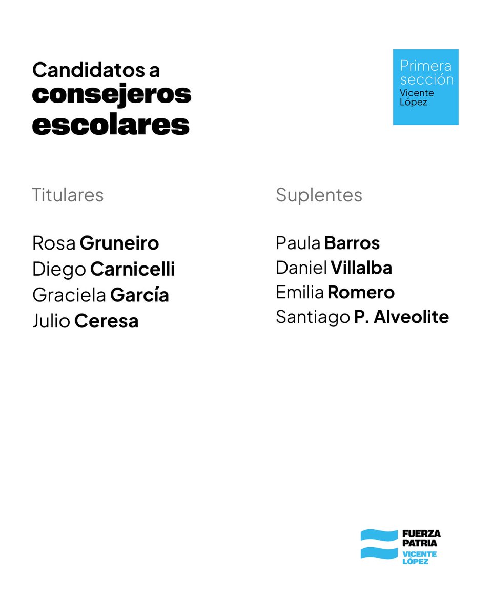 La lista de Fuerza Patria para enfrentar a Javier Milei y al macrismo local en las urnas el próximo 7 de septiembre. 

Cuidar la provincia, cuidar Vicente López.
#FuerzaPatria