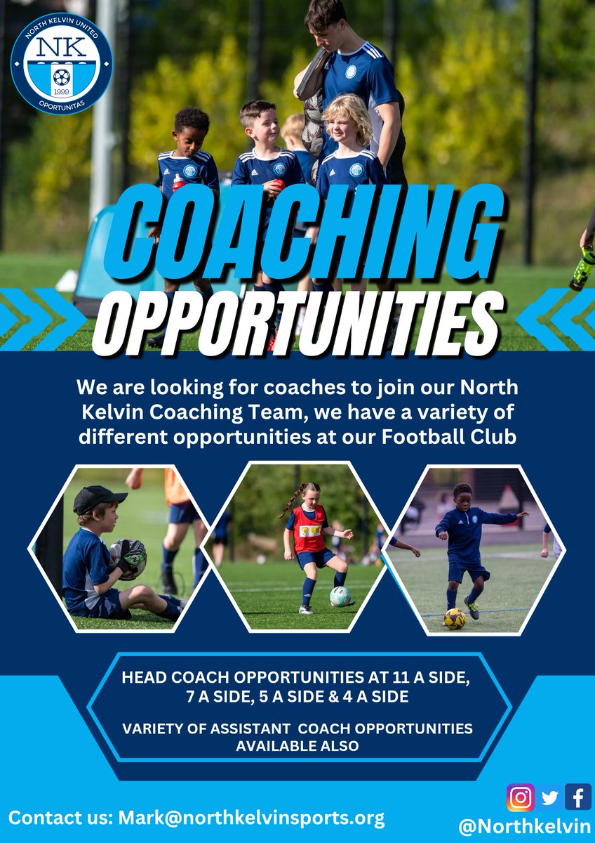 North Kelvin Sports (@northkelvin) on Twitter photo NORTH KELVIN COACHING OPPORTUNITIES โฝ๏ธ๐ |We are looking for coaches to join our North Kelvin team ๐ We have a variety of different opportunities across our club at 11 a side, 7 a side, 5 a side and 4 a side โฝ๏ธ If you are interested, please contact us: Mark@northkelvinsports.org NORTH KELVIN COACHING OPPORTUNITIES โฝ๏ธ๐ |We are looking for coaches to join our North Kelvin team ๐ We have a variety of different opportunities across our club at 11 a side, 7 a side, 5 a side and 4 a side โฝ๏ธ If you are interested, please contact us: Mark@northkelvinsports.org