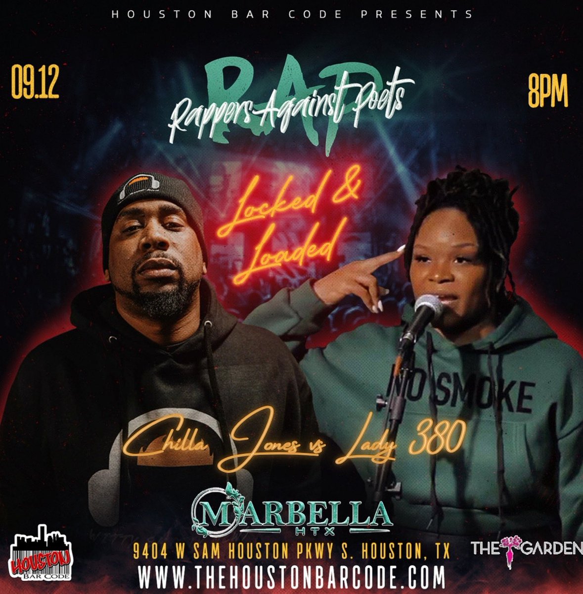 HoustonBarCode (@houstonbarcode) on Twitter photo KINGPEN 🆚 QUEENPEN‼️ <a href="/chillajones/">Kingpen 👑✍🏿</a> vs @_lady380 at the one & only #RAP Rappers Against Poets: Locked & Loaded September 12 !!! tix available at TheHoustonBarCode.com ⬅️⬅️ KINGPEN 🆚 QUEENPEN‼️ <a href="/chillajones/">Kingpen 👑✍🏿</a> vs @_lady380 at the one & only #RAP Rappers Against Poets: Locked & Loaded September 12 !!! tix available at TheHoustonBarCode.com ⬅️⬅️