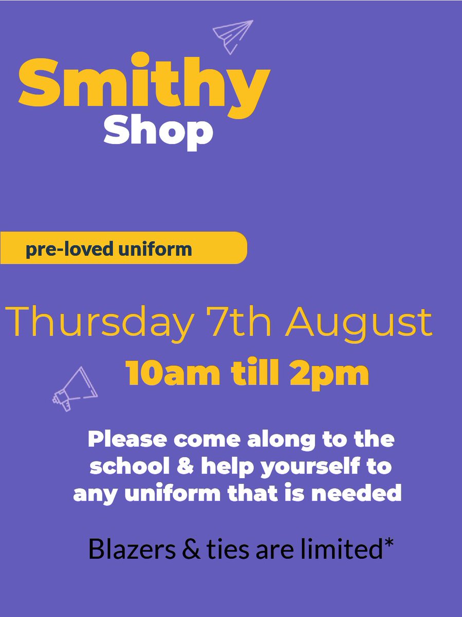 Natalie (@nataliefare) on Twitter photo This Thursday the school will be hosting our annual Smithy Shop. There will be pre-loved uniform for those that need it. Please note that blazers are limited and we only have a few ties available. 10am till 2pm. Please bring a bag to carry items home. Thank you! <a href="/smithycroft282/">Smithycroft Secondary</a> This Thursday the school will be hosting our annual Smithy Shop. There will be pre-loved uniform for those that need it. Please note that blazers are limited and we only have a few ties available. 10am till 2pm. Please bring a bag to carry items home. Thank you! <a href="/smithycroft282/">Smithycroft Secondary</a>