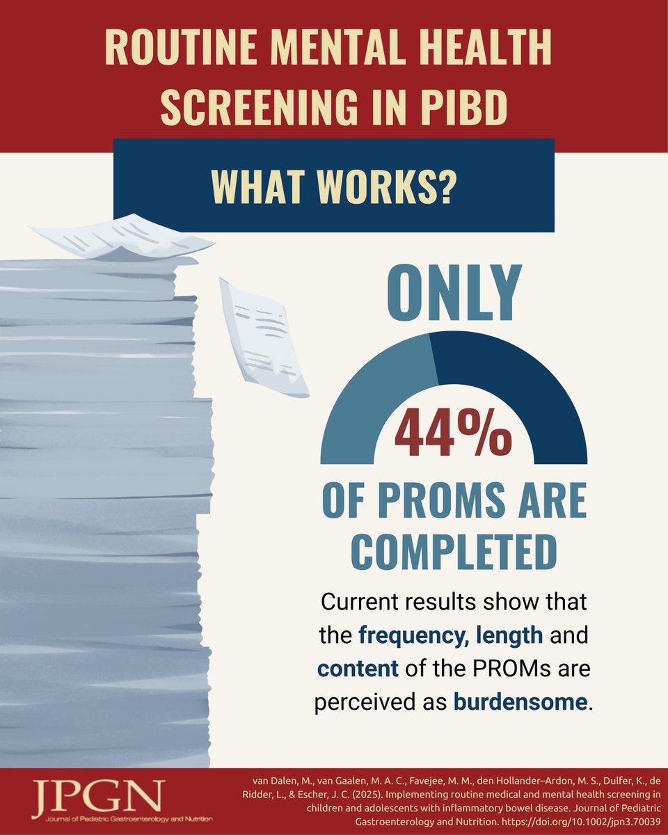 JPGNonline's tweet photo. Mental health screening in #PIBD is essential—but long, frequent forms are a barrier.
This study shows routine screening is feasible if it’s designed with patient needs in mind.
🔗 Read the study: https://t.co/wn7g7LsiwG
#MentalHealth #ESPGHAN #JPGN https://t.co/9QsUR165GG
