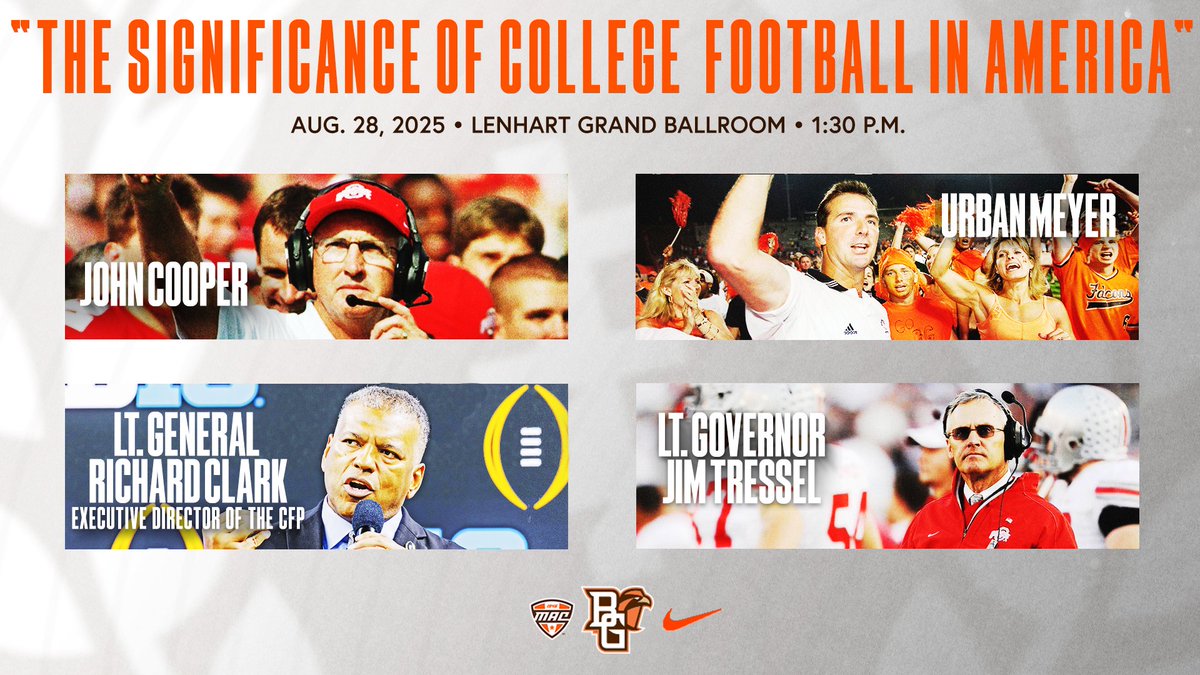 BGSU Football (@bg_football) on Twitter photo BGSU Athletics to Host Star-Studded Panel on "The Significance of College Football in America" - Featuring <a href="/CoachUrbanMeyer/">Urban Meyer</a>, <a href="/JimTressel5/">Jim Tressel</a>, John Cooper & from the CFP, Lt. Gen. Richard Clark.
🗓️ » Aug. 28
🕜 » 1:30 p.m.
📍 » Lenhart Grand Ballroom
📰 » tinyurl.com/2a7jhnde BGSU Athletics to Host Star-Studded Panel on "The Significance of College Football in America" - Featuring <a href="/CoachUrbanMeyer/">Urban Meyer</a>, <a href="/JimTressel5/">Jim Tressel</a>, John Cooper & from the CFP, Lt. Gen. Richard Clark.
🗓️ » Aug. 28
🕜 » 1:30 p.m.
📍 » Lenhart Grand Ballroom
📰 » tinyurl.com/2a7jhnde