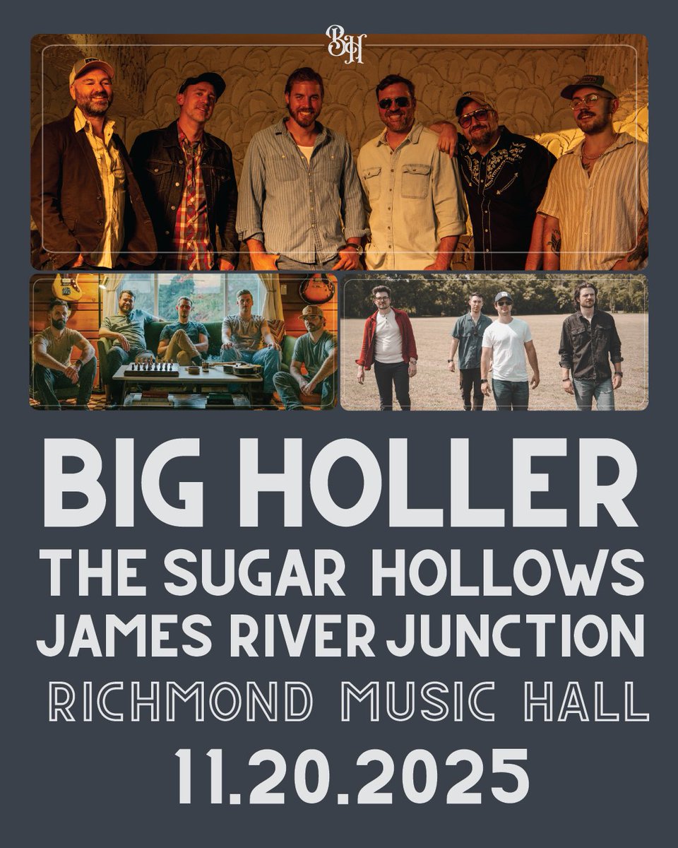 Just announced + on sale! 🤠Big Holler, The Sugar Hollows, and James River Junction are headed back to play Richmond Music Hall November 20th. Pick up tickets now at richmondmusichall.com or in person at @plan9music 🎟️