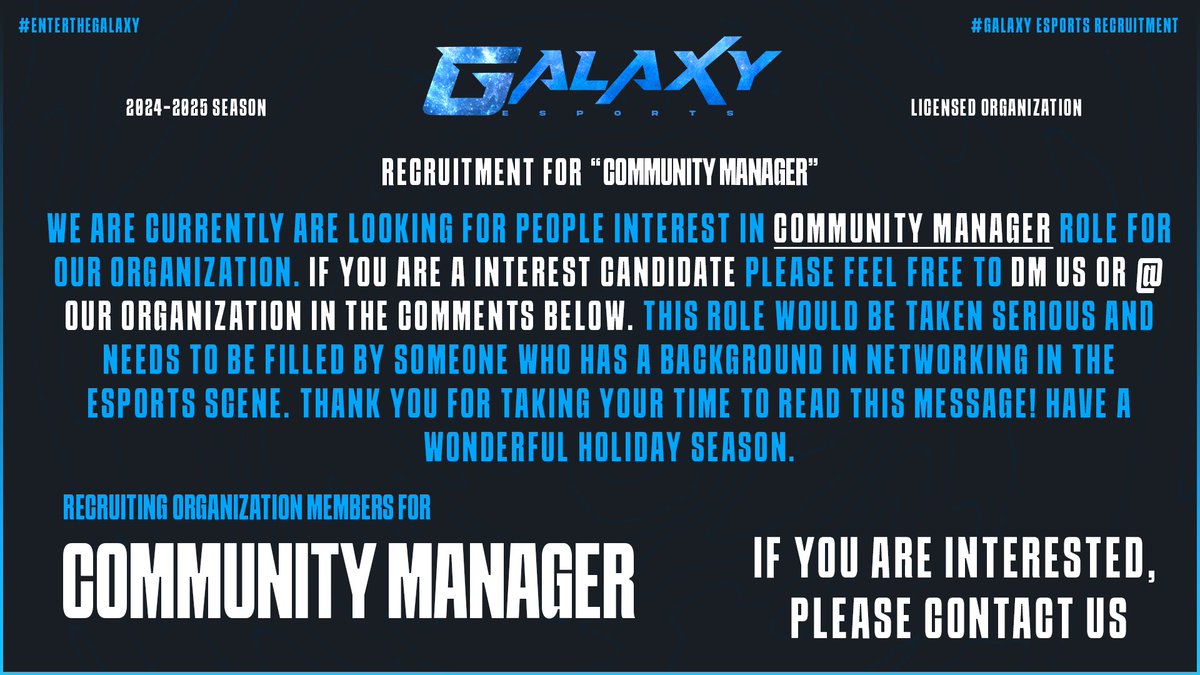 🚨Galaxy Family, We are currently looking for MANAGEMENT!🚨

Galaxy is recruiting for community managers to help set up, plan and execute community events. This will primarily be within our discord server, so it’s crucial to also join us there. 

Feel free to ask any questions