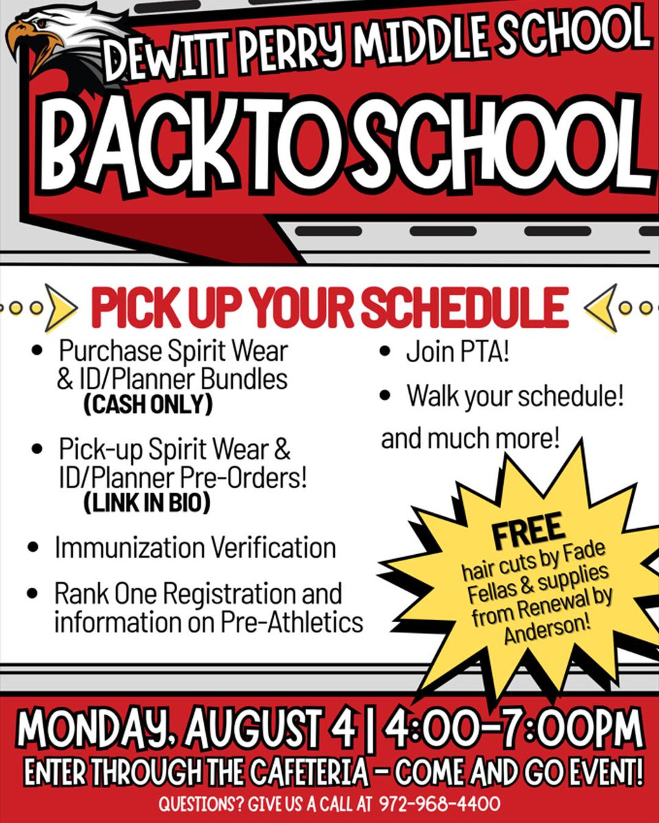 📣 Perry Eagles! Back-to-School Schedule Pick-Up is TODAY from 4–7PM! 🦅
✅ Get your schedule
✅ Find your classes
✅ Buy spirit wear (cash or pre-order online)
6th graders: Come take your ID pic + gear up!
Reminder: Perry shirts required daily 👕 
#WeArePerry #Limitless ❤️🦅