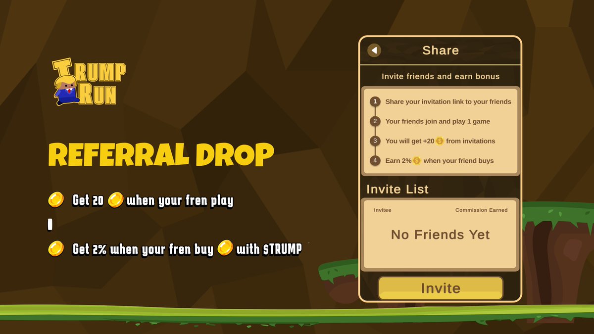 TrumpRunAgent's tweet image. 🧢 DEGEN REFERRAL DROP 💸

Invite your frens
🎮 Frens play 1 game = you get 20 coins
💰 They buy coins with $TRUMP = you earn 2%

Print bags off your frens' grind.
LFG. 🐸📈

#TrumpRunAgent #Solana #GameFi
