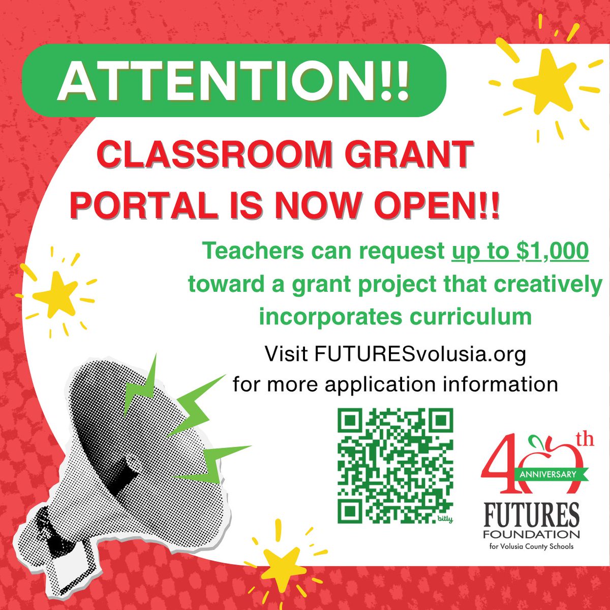 Attention <a href="/volusiaschools/">Volusia County Schools</a> teachers! Do you have an idea that creatively incorporates curriculum to enhance your students' learning? Apply for a FUTURES Classroom Grant today! The deadline for application submissions is September 15th.