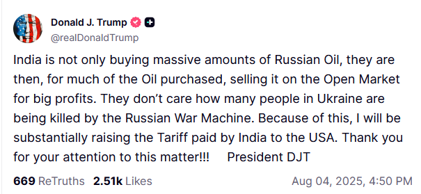 Трамп, похоже, решил нацелить санкционный удар именно на Индию.
Написал, что Индия наживается на перепродаже нефти из РФ, не задумываясь о жертвах войны.
Поэтому тарифы на индийский экспорт в США будут увеличены "значительно".

Сегодня же, кстати, с аналогичным обвинением в адрес