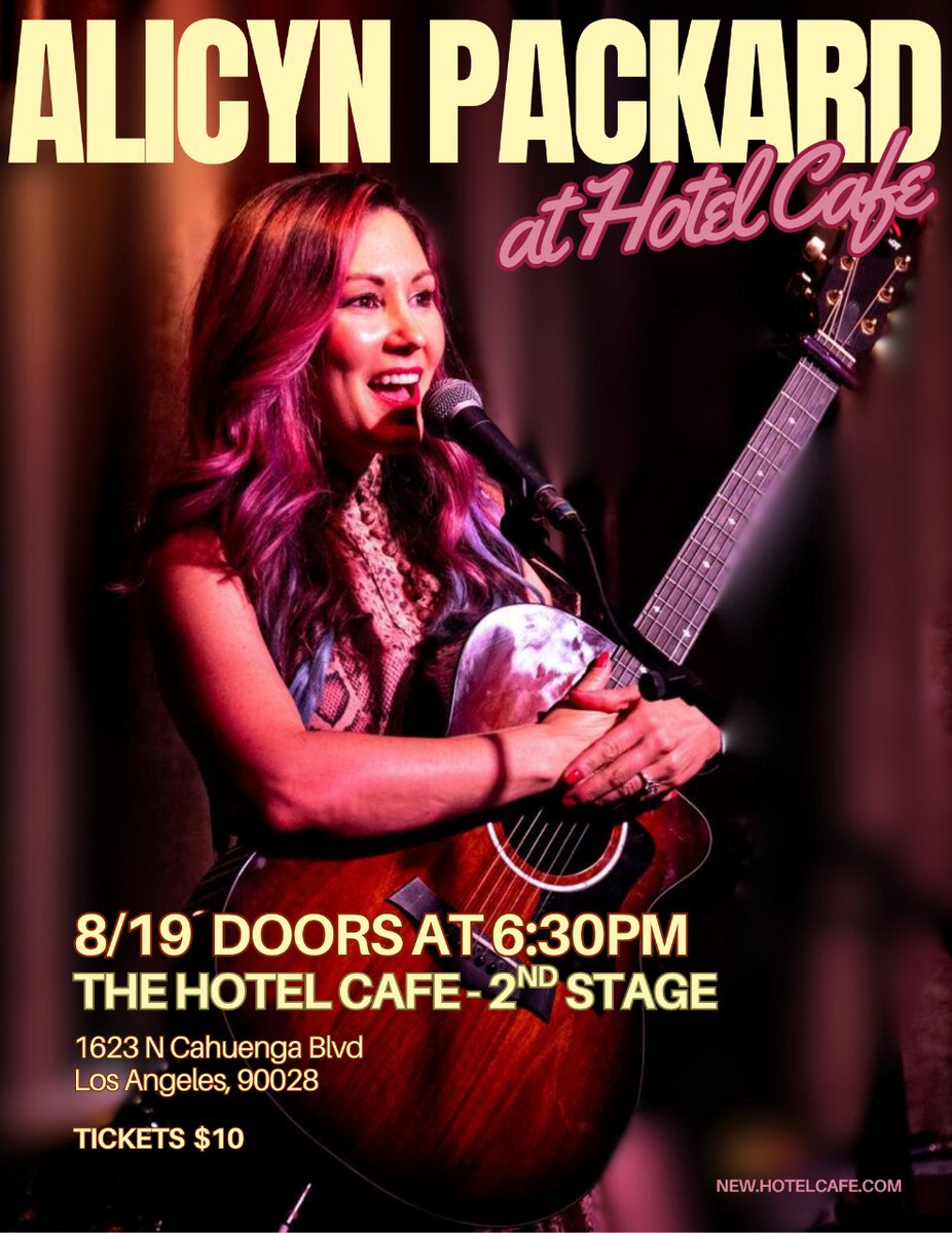 In two weeks I'll be returning to <a href="/hotelcafe/">Hotel Cafe</a> with a full band to celebrate the release of my new single, “Ells Field”.  I also have a couple brand new tunes to debut for you! 🎶

new.hotelcafe.com/event/alicyn-p…