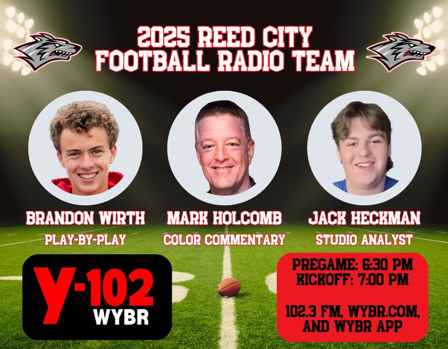 Y102 WYBR (@y102wybr) on Twitter photo Introducing our Reed City Coyote Football Radio Team for 2025!
Tune in for every play all season long on 102.3 FM, the WYBR mobile app, and WYBR.com. Pregame will begin at 6:30 p.m. every game day!
#WYBR #Y102 #ReedCityFootball #GoCoyotes <a href="/ReedCity_FB/">Reed City Football</a> Introducing our Reed City Coyote Football Radio Team for 2025!
Tune in for every play all season long on 102.3 FM, the WYBR mobile app, and WYBR.com. Pregame will begin at 6:30 p.m. every game day!
#WYBR #Y102 #ReedCityFootball #GoCoyotes <a href="/ReedCity_FB/">Reed City Football</a>