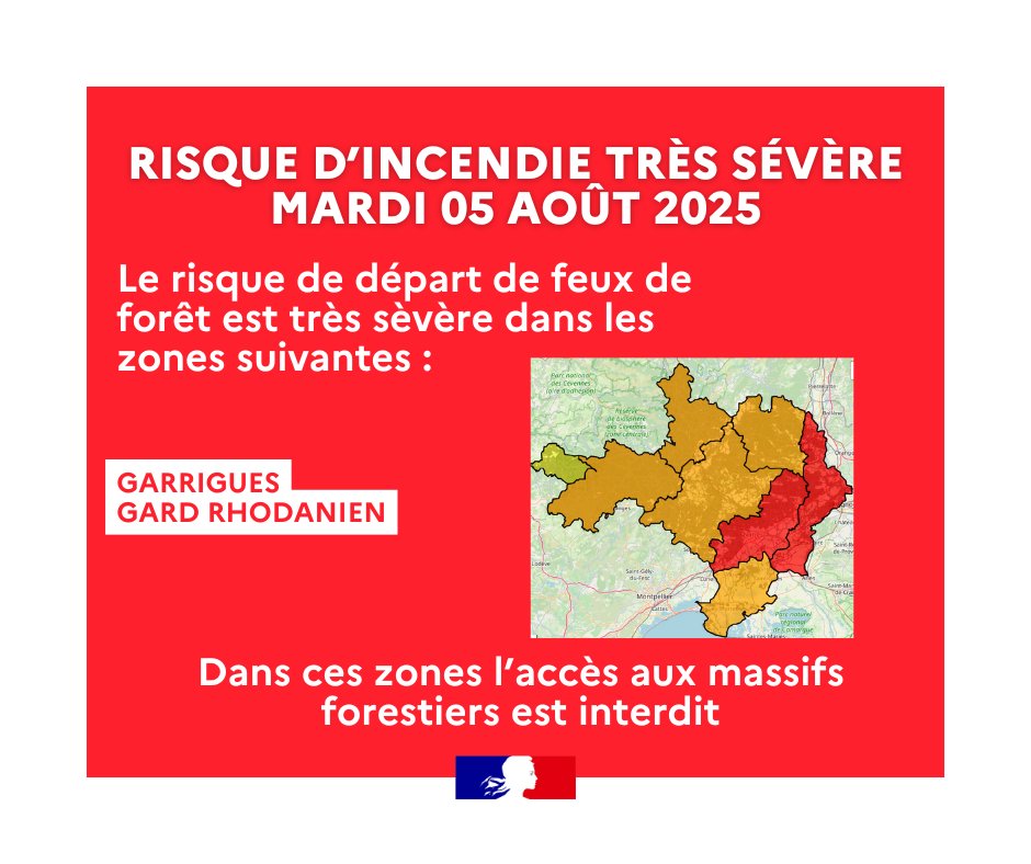 #Incendie🔥 RISQUE FEUX DE FORÊT TRÈS SÉVÈRE

Les services de l’État placent 2 zones du #Gard en risque ROUGE INCENDIE TRÈS SÉVÈRE pour la journée du mardi 05 août :  

• GARD RHODANIEN
• GARRIGUES 

❌ Par conséquent, les accès, la circulation et la présence humaine dans les