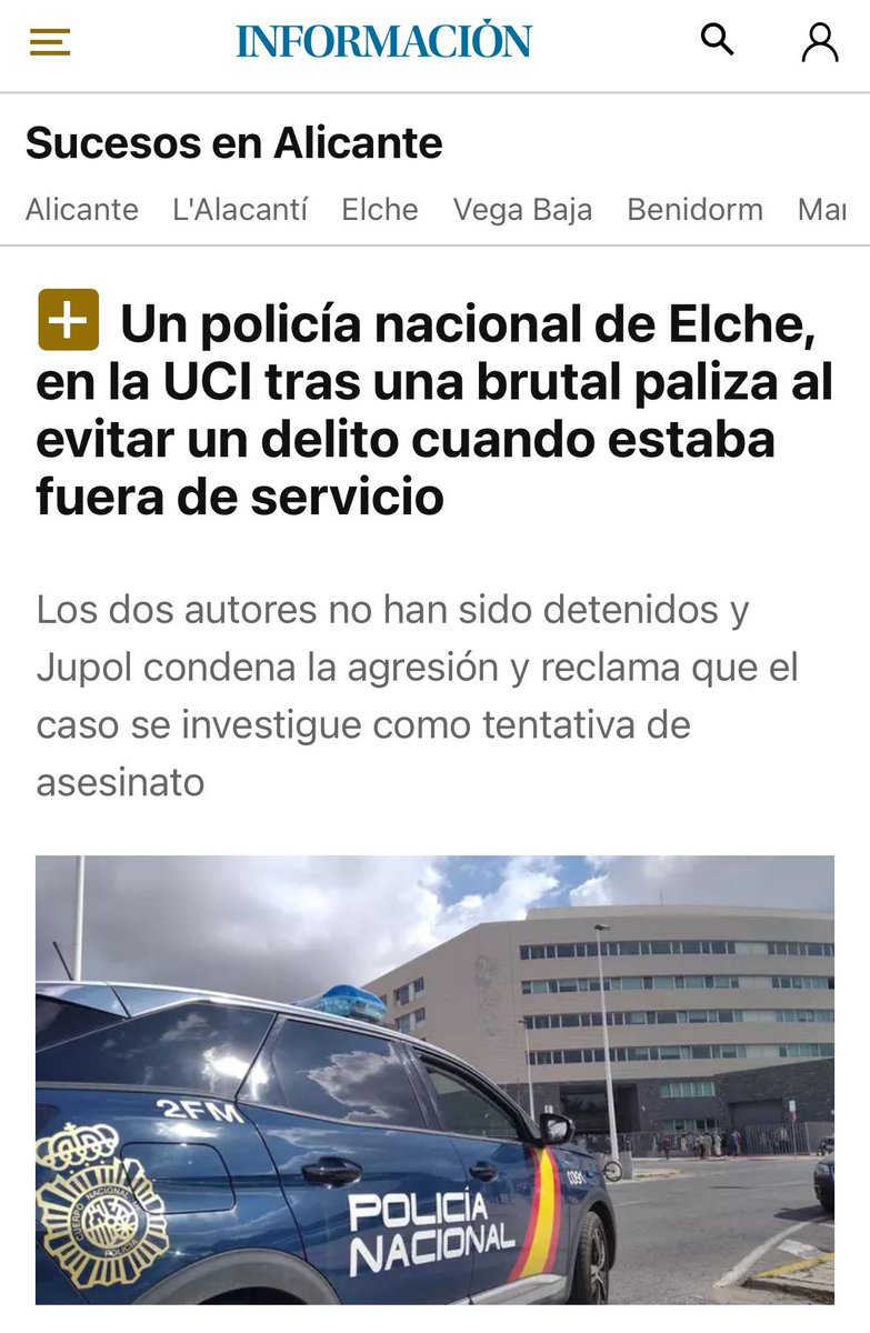 JupolNacional's tweet photo. #URGENTE Un policía nacional de Elche, en la UCI tras una brutal paliza al evitar un delito cuando estaba fuera de servicio, vía @informacion_es

Desde JUPOL, su sindicato, enviamos TODO NUESTRO APOYO AL COMPAÑERO.

Nos personaremos como acusación cuando se logre identificar y detener a los autores, para que este asesinato en grado de tentativa, no quede impune.

🌐Noticia: https://t.co/JOdPXr0lma