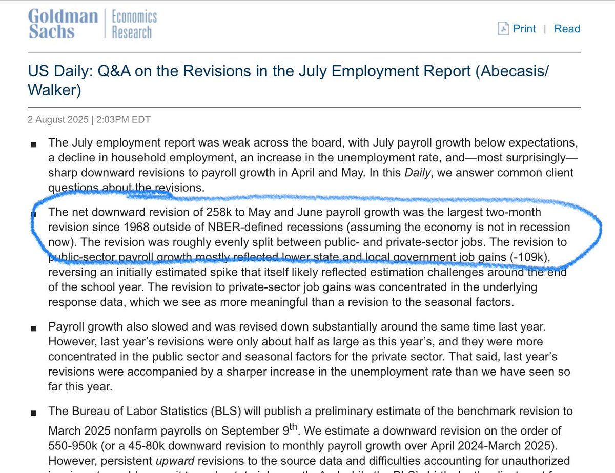 Net downward revision in employment report was largest 2 month revision since 1968, outside NBER-defined recessions! 👀