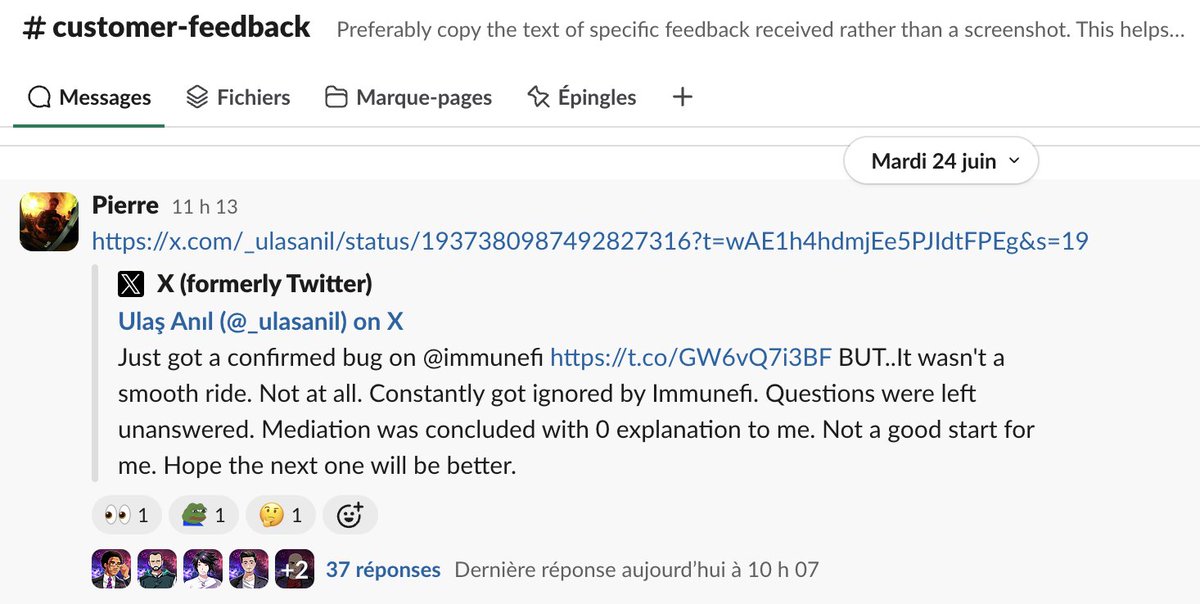 Pierre (@pldespaigne) on Twitter photo On June 24th, I saw <a href="/_ulasanil/">Ulaş Anıl</a>’s tweet and reported it on our internal Slack.
Five weeks later: it was classified as critical and awarded $150K.
Don’t lose faith, sometimes it takes a while, but it’s worth it!
x.com/immunefi/statu… On June 24th, I saw <a href="/_ulasanil/">Ulaş Anıl</a>’s tweet and reported it on our internal Slack.
Five weeks later: it was classified as critical and awarded $150K.
Don’t lose faith, sometimes it takes a while, but it’s worth it!
x.com/immunefi/statu…