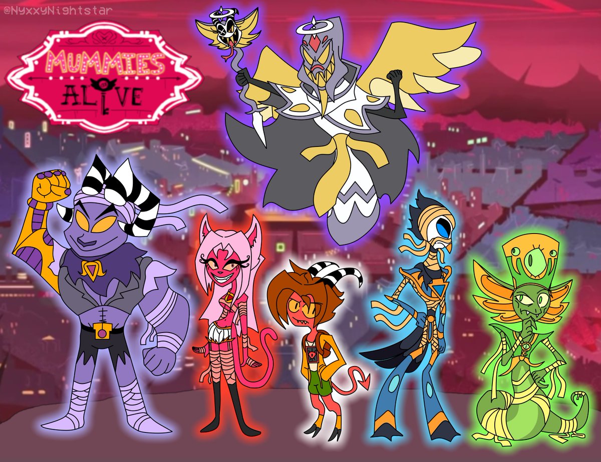 NyxxyNightstar's tweet image. art trade with @GuyofSpicy 
hazbin hotel (hellaverse) x mummies alive!
tried my best to recreate vivziepop's style, i hope i did it justice 🫶