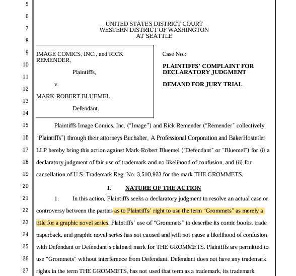 Anyone interested in a new case filed by a comic book company over whether they can use the term GROMMETS as a title for their graphic novel?

Well, that's really the whole thing.