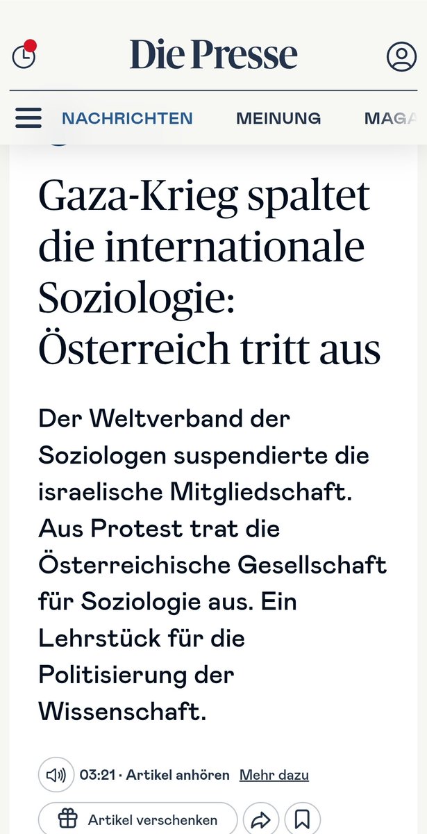 Ein weiteres Zeichen wie extrem (links) politisiert Teile der Sozialwissenschaften sind. Israelische Kollegen auszuschließen? Auf was hinaus, was haben die getan? 
Den österreichischen Soziologen hoch anzurechnen da nicht mit zu machen.
Vielleicht kommt endlich das Aufwachen,