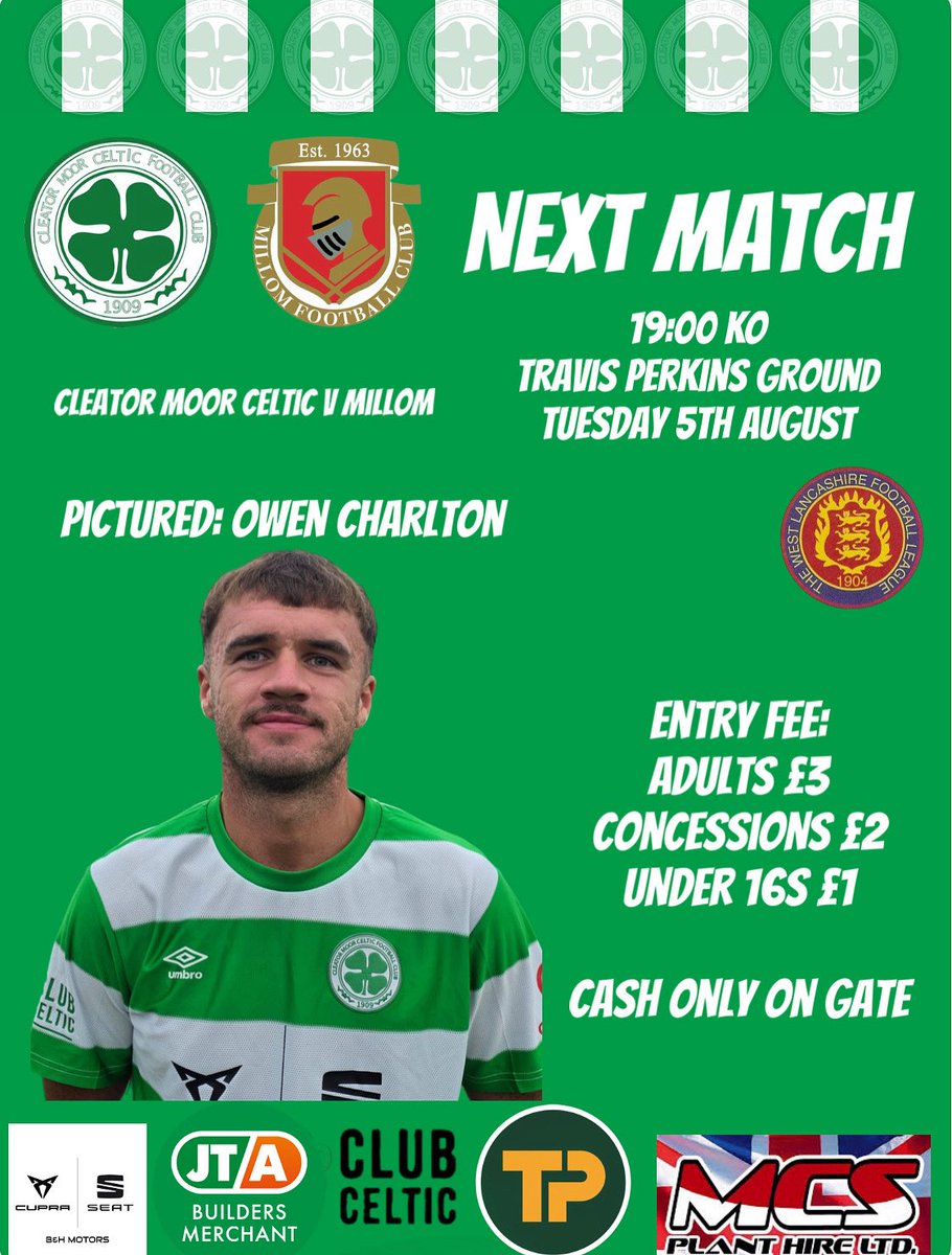 CMCelticFC's tweet image. It’s gameday again tomorrow and for the first time of the 25/26 West Lancashire League season we are at home hosting fellow Cumbrians Millom AFC. 💚