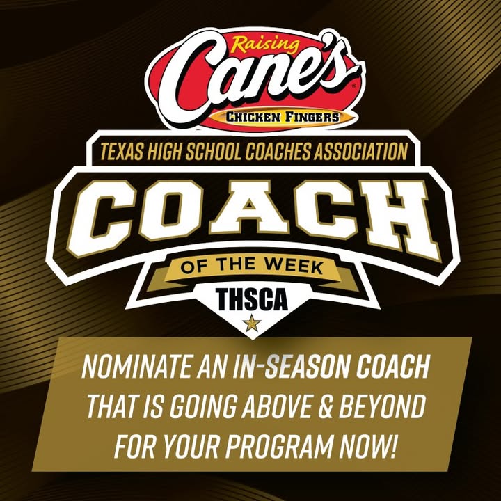 Don't forget to submit a nomination for Coach of the Week! Do you have an in-season coach that is going above and beyond for your program?🏅 Both high school and middle school coaches are eligible for this award!

Log in to the THSCA Member Portal➡️ Click the "Awards" tab➡️
