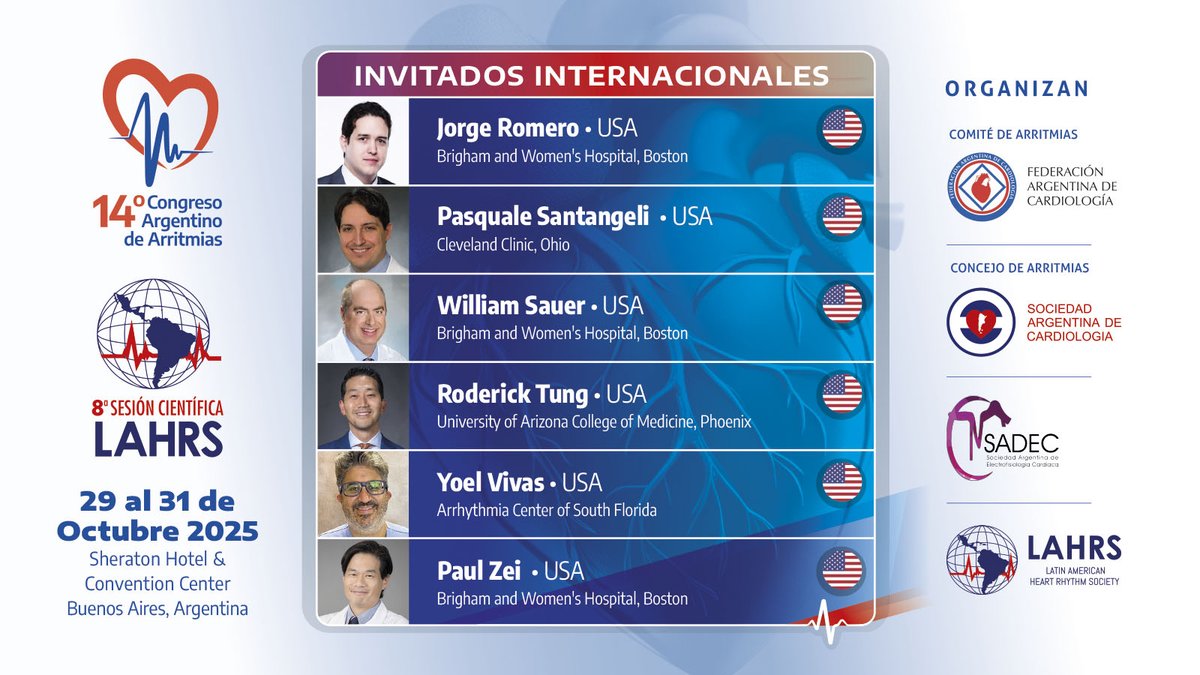 LAHRS (@lahrsonline1) on Twitter photo Congreso #LAHRS2025
29-31 Octubre, Buenos Aires 🇦🇷
Conoce alguno de nuestros invitados internacionales
<a href="/JorgeERomeroMD/">Jorge E. Romero, MD, FACC, FHRS</a> <a href="/DrRoderickTung/">Roderick Tung</a> <a href="/True_EP/">William H. Sauer, MD</a>
lahrs-caa2025.com/faculties/ Congreso #LAHRS2025
29-31 Octubre, Buenos Aires 🇦🇷
Conoce alguno de nuestros invitados internacionales
<a href="/JorgeERomeroMD/">Jorge E. Romero, MD, FACC, FHRS</a> <a href="/DrRoderickTung/">Roderick Tung</a> <a href="/True_EP/">William H. Sauer, MD</a>
lahrs-caa2025.com/faculties/