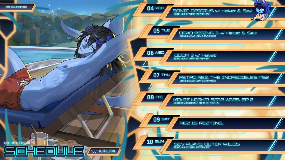 Here's my schedule for the week of August 4th to the 10th!
You can catch me live over at twitch.tv/Rez_Star_

#twitch #streamer #vtuber #pngtuber