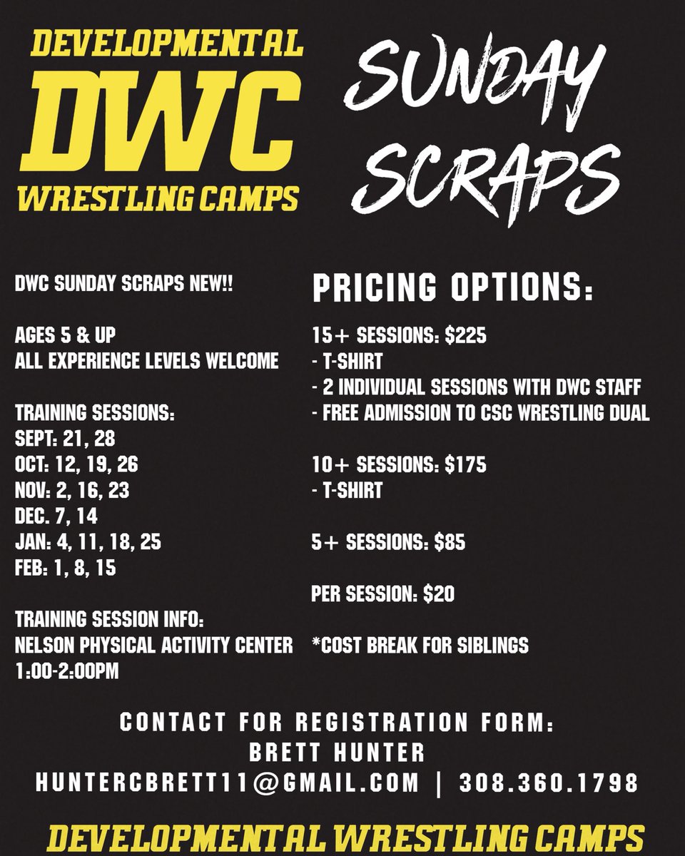 DWC will be running Sunday Scraps starting in September. This is a great opportunity to start working on your craft leading into the wrestling season. To get registered please email me at huntercbrett11@gmail.com or shoot me a text!