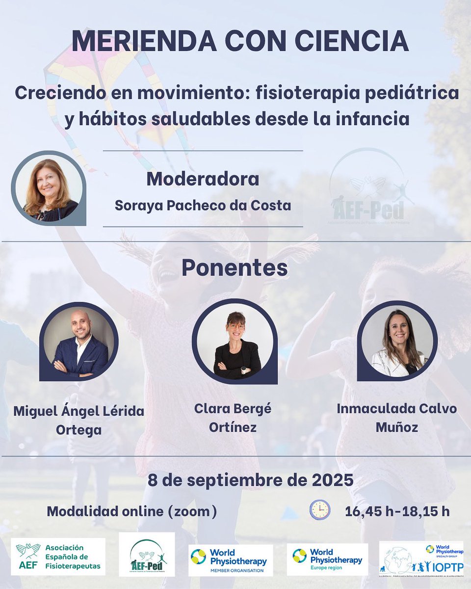 📅 Lunes, 8 de septiembre | 🕓 16:45 h | 
Merienda con Ciencia, AEF-Ped.

“Creciendo en movimiento: fisioterapia pediátrica y hábitos saludables desde la infancia”

Un espacio para compartir ciencia, experiencias y visión de futuro desde la fisioterapia pediátrica.