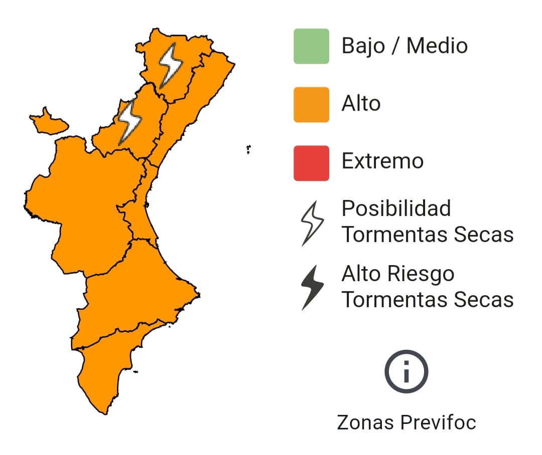 🔥El nivell de preemergència per risc d'incendis forestals per a demà 05/08 és:

🟠ALT  a tota la Comunitat Valenciana.

⚠️Molta precaució i si veus un foc o fum a la muntanya, telefona ràpidament a l'112.

#Stopalfoc