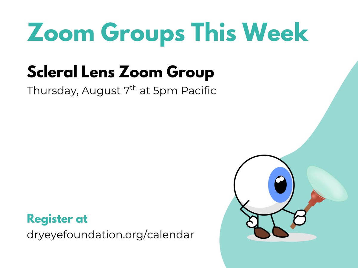 Scleral Lens Zoom Group meets this Thursday at 5pm Pacific / 8pm Eastern. 

Register at buff.ly/MGmB69X

#dryeye #sclerals #sclerallenses #zoom #supportgroup #optometry #ophthalmology #keratoconus