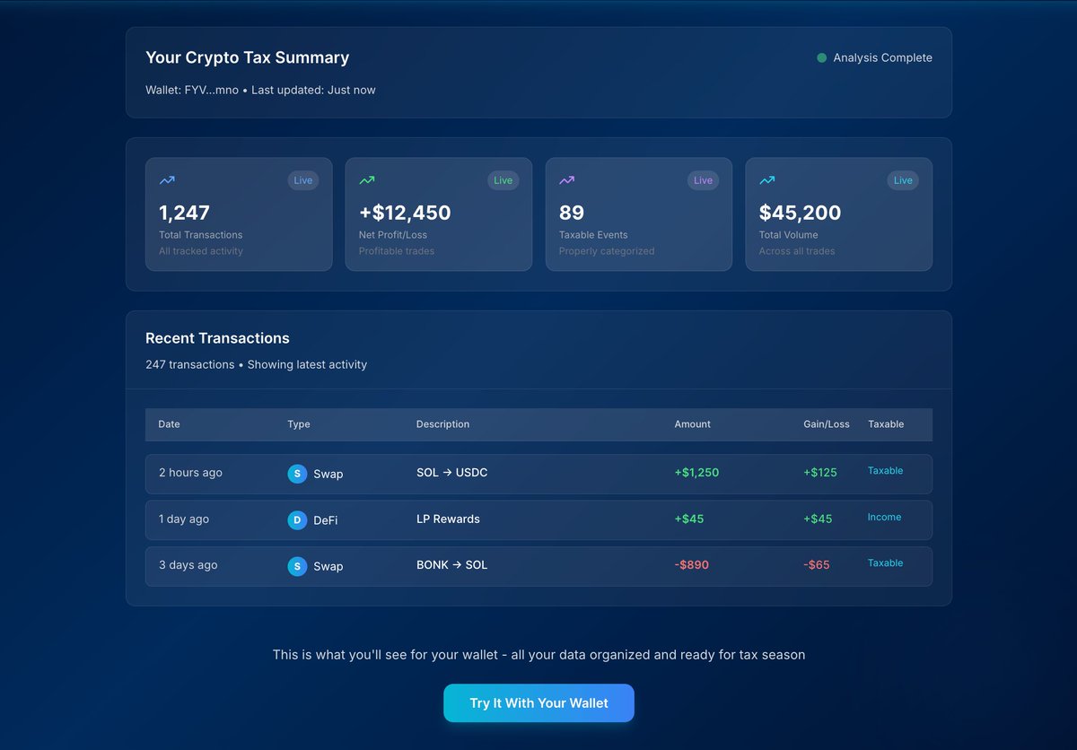 SynclyTech's tweet photo. Yo Solana degens, something big’s coming! Syncly’s LIVE with a stunning new premium UI, alpha launch nearing. 
Promo codes drop Wednesday, don’t miss out. Comment 'SYNCLY100' for a free 20-tx audit DM. See it: https://t.co/IkuHiY9Swa #SolanaTax #MemeCoins #SolanaCommunity https://t.co/RciQlQbEyC