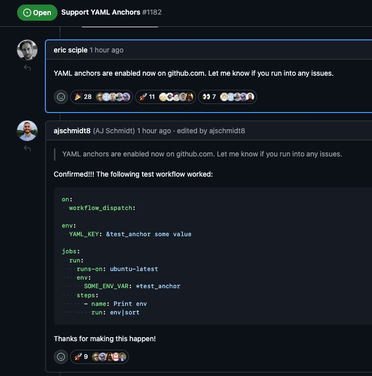 OMG - GitHub Actions now supports Yaml anchors 🤯

This somehow means you can create Yaml variables and reuse common values in CI jobs

I thought this day would never come, been waiting for years