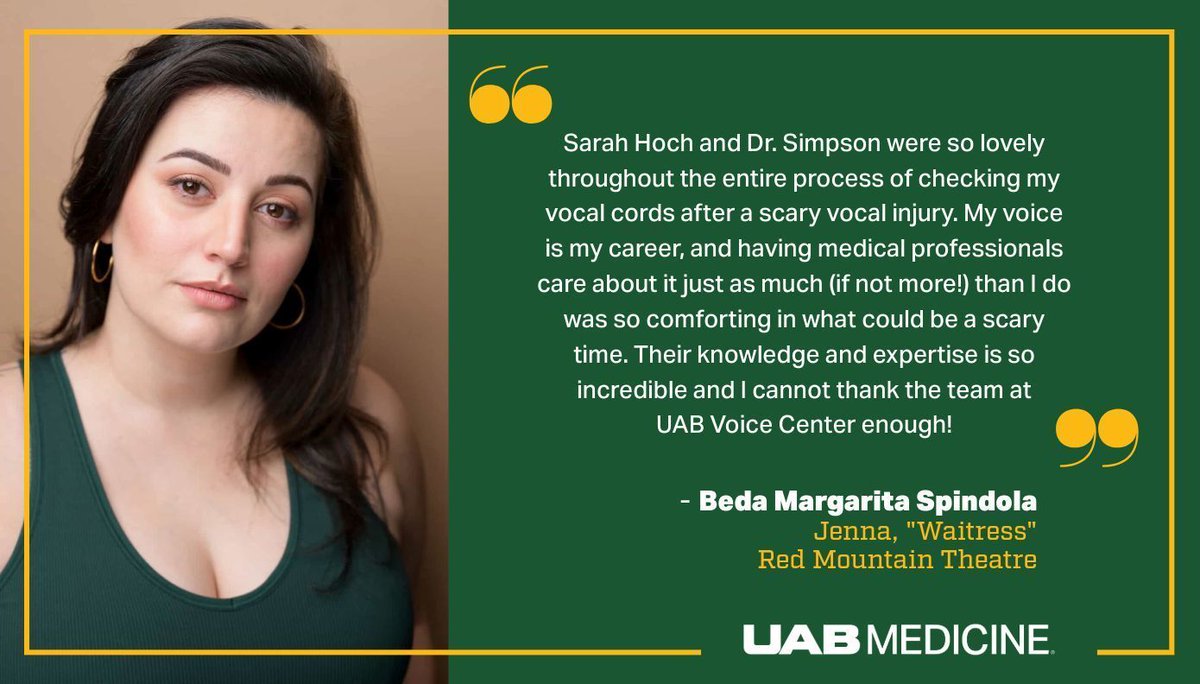 UAB Otolaryngology (@uab_oto) on Twitter photo Current star in Red Mountain Theatre's "Waitress", Beda Margarita Spindola, recently gave the UAB Voice Center a visit and shoutout on <a href="/WBRCnews/">WBRC 6 News</a>! β Spindola discussed her experience with Blake, Simpson, M.D. @uabheersink
Watch the clip here! buff.ly/No6xiOG Current star in Red Mountain Theatre's "Waitress", Beda Margarita Spindola, recently gave the UAB Voice Center a visit and shoutout on <a href="/WBRCnews/">WBRC 6 News</a>! β Spindola discussed her experience with Blake, Simpson, M.D. @uabheersink
Watch the clip here! buff.ly/No6xiOG