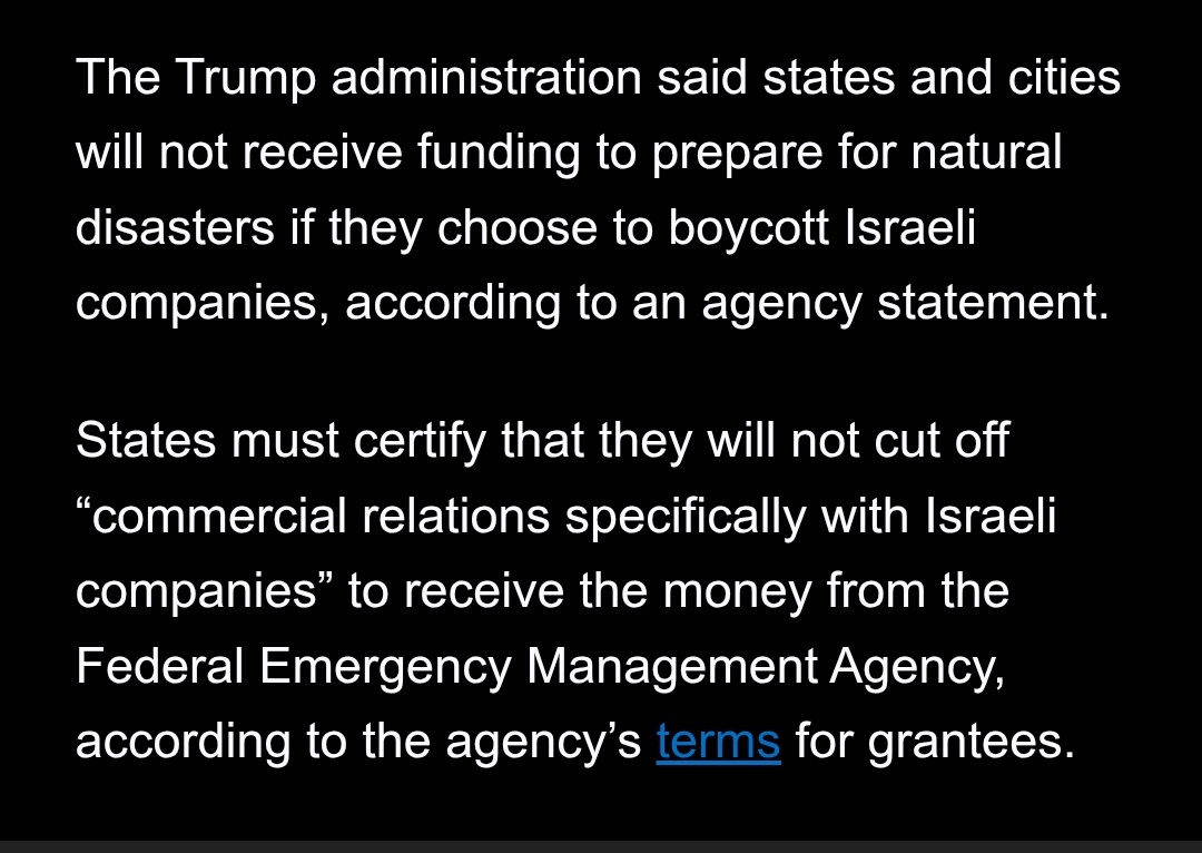 U.S. disaster relief tied to Israeli business support is what I think of when I hear "America First."