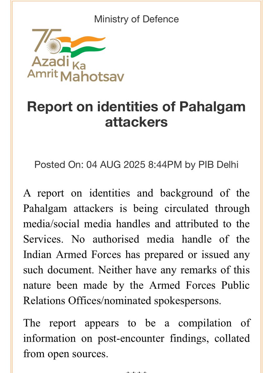 (((Pradip R.Sagar))) (@pradiprsagar) on Twitter photo MoD clarifies info on identity of terrorist of #PahalgamTerrorAttack
“No authorised media handle of the Indian Armed Forces has prepared or issued any such document.”#PahalgamAttack <a href="/rajnathsingh/">Rajnath Singh</a> MoD clarifies info on identity of terrorist of #PahalgamTerrorAttack
“No authorised media handle of the Indian Armed Forces has prepared or issued any such document.”#PahalgamAttack <a href="/rajnathsingh/">Rajnath Singh</a>