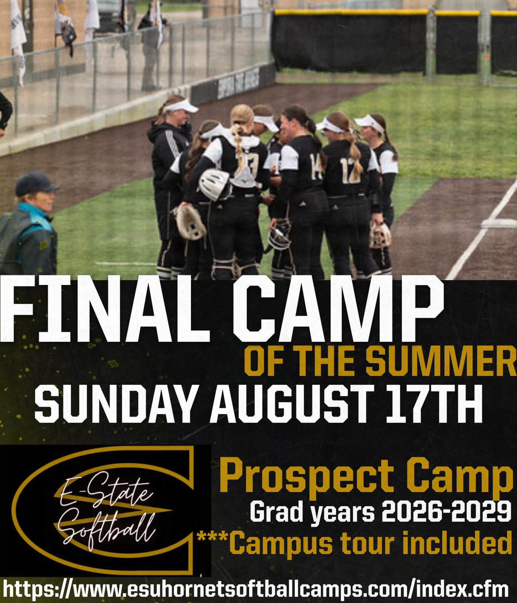 Register now to showcase your skills to our ESU players and coaching staff! All of our camps are run by the players and evaluated by staff! It is our last Prospect Camp until November! Sign up now! 

esuhornetsoftballcamps.com/index.cfm